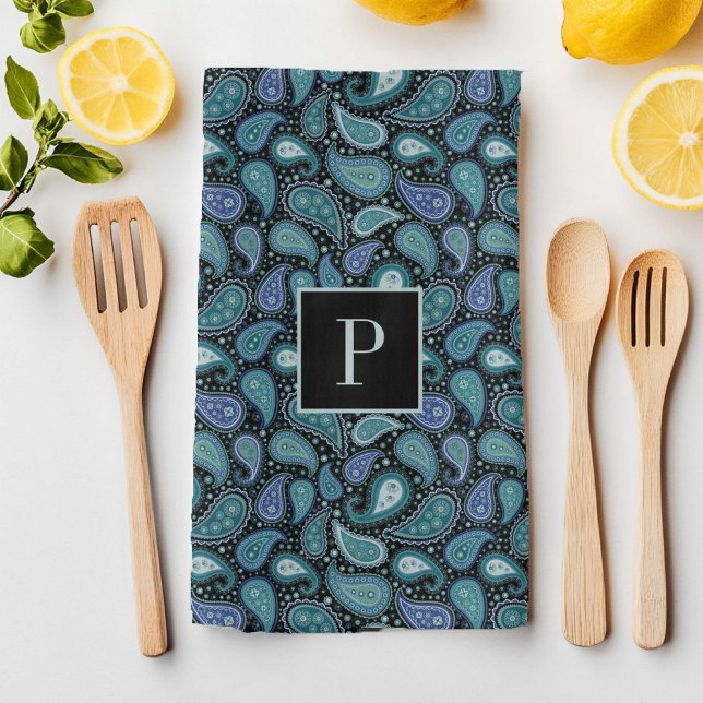 Monogram Retro Blue Paisley Pattern Kitchen Towel (Monogram Retro Blue Paisley Pattern Kitchen Towel)