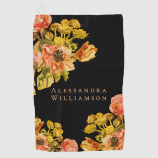 Monogram Retro Boho Floral Watercolor Black Peach Golf Towel