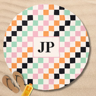 Monogram Retro Checkerboard Custom Monogrammed Beach Towel