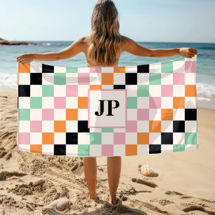 Monogram Retro Checkerboard Custom Monogrammed Beach Towel