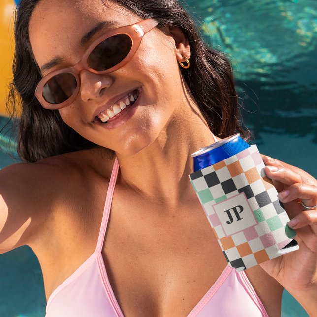 Monogram Retro Checkerboard Custom Monogrammed Can Cooler (Creator Uploaded)