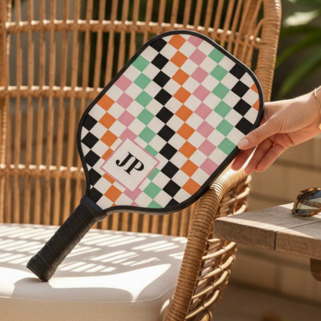 Monogram Retro Checkerboard Custom Monogrammed Pickleball Paddle (Creator Uploaded)