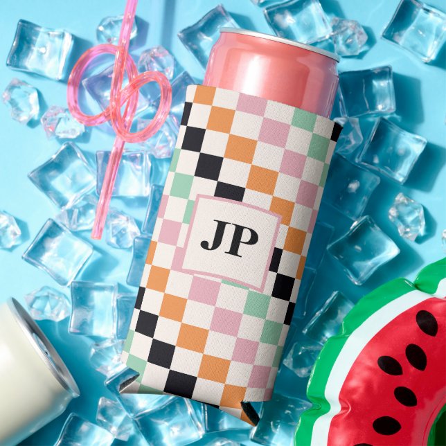 Monogram Retro Checkerboard Custom Monogrammed Seltzer Can Cooler (In Situ Summer)