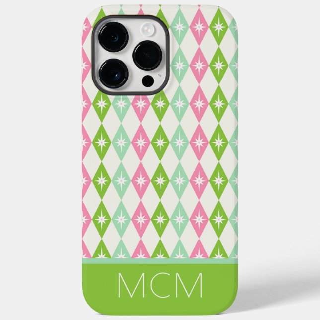 Monogram Retro Christmas Diamonds Pink & Green Case-Mate iPhone Case (Back)