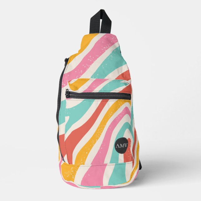 Monogram Retro Colorful Wavy Stripes Sling Bag (Front)