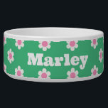 Monogram Retro Daisies Pattern Pink & Green Custom Bowl<br><div class="desc">A happy and bright retro daisy pattern in shades of preppy bright green and pink. This design can be personalized with a name or phrase. A great custom gift for a new pet owner.</div>