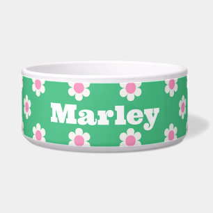 Monogram Retro Daisies Pattern Pink & Green Custom Bowl