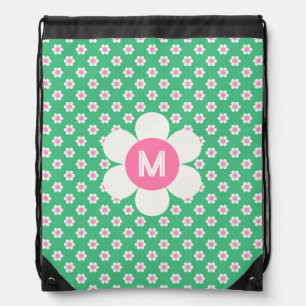 Monogram Retro Daisies Pattern Pink & Green Custom Drawstring Bag