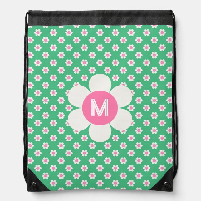 Monogram Retro Daisies Pattern Pink & Green Custom Drawstring Bag (Front)