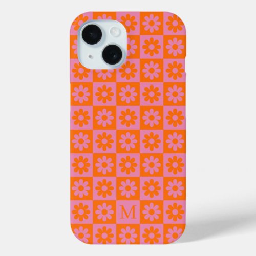 Monogram Retro Daisy Flower Checkered Pink Orange iPhone 15 Case