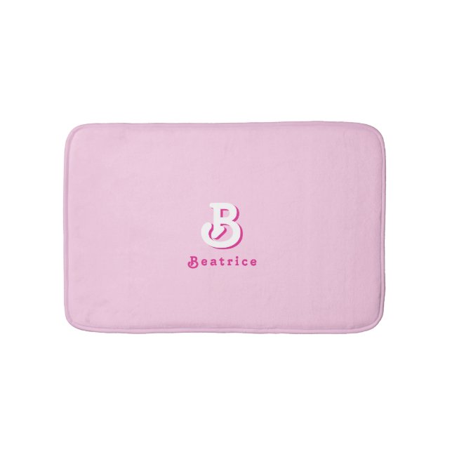 Monogram Retro Elegant Minimal Pink and White  Bath Mat (Front)