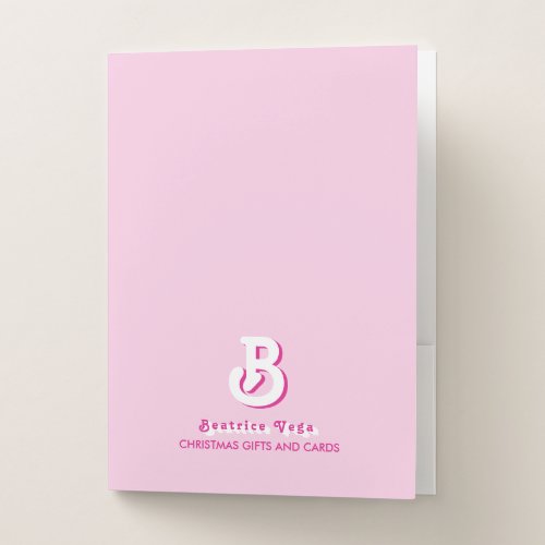 Monogram Retro Elegant Minimal Pink and White Pocket Folder