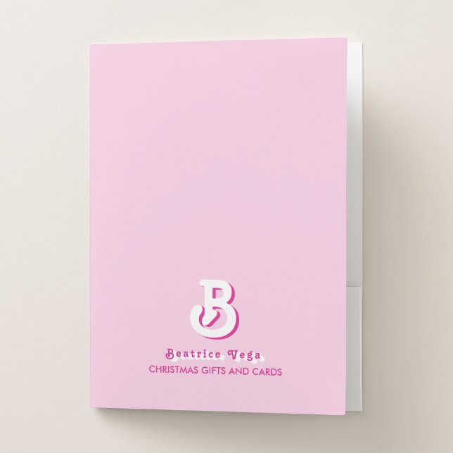 Monogram Retro Elegant Minimal Pink and White Pocket Folder (Front)