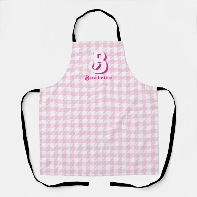 Monogram Retro Elegant Minimal Pink & White Plaid Apron (Front)