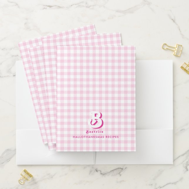 Monogram Retro Elegant Minimal Pink & White Plaid Pocket Folder (In Situ)