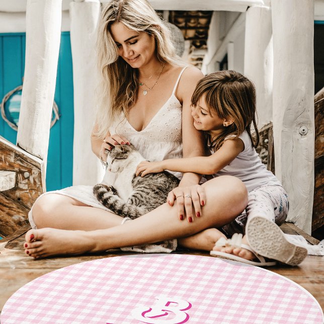 Monogram Retro Elegant Minimal Pink & White Plaid Rug (Monogram Retro Elegant Minimal Pink and White Plaid Rug #pink #plaid #nursery # decoration #girls)