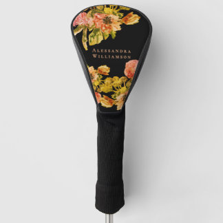 Monogram Retro Floral Boho Black Peach Watercolor Golf Head Cover