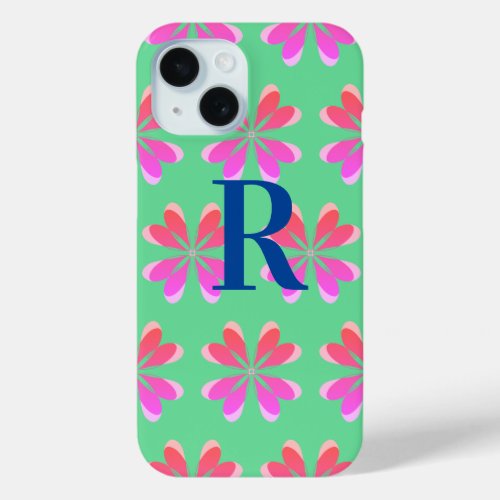 Monogram retro floral green pink iPhone 15 case