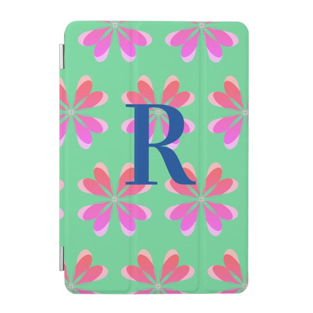 Monogram retro floral green pink iPad mini cover (Front)
