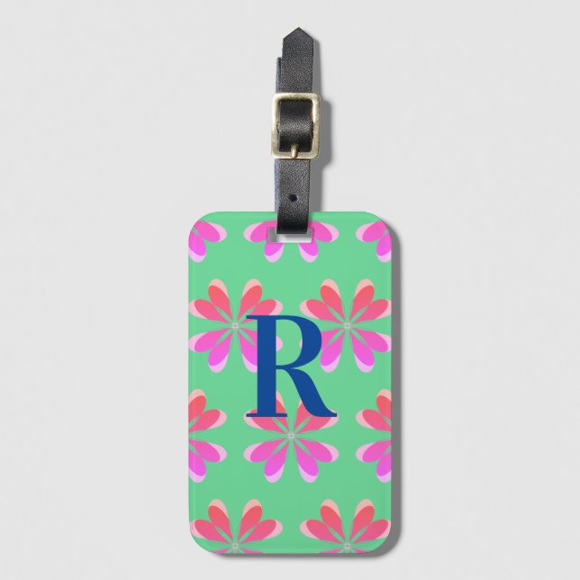 Monogram retro floral green pink luggage tag (Front Vertical)