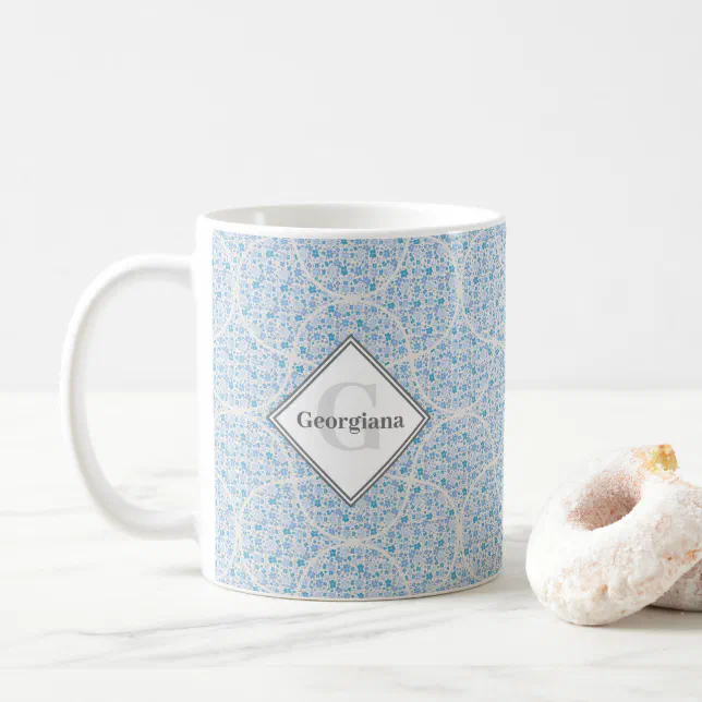 Monogram Retro Florals Berry Blues Art Deco Fans Coffee Mug (With Donut)