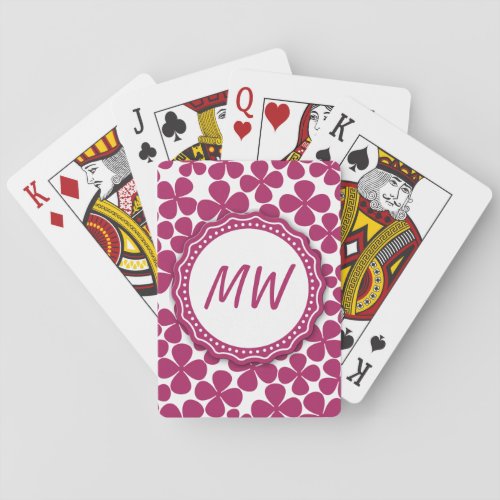 Monogram Retro Flower Pattern Acai Pink and White Playing Cards