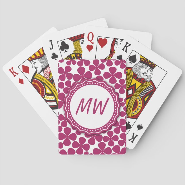 Monogram Retro Flower Pattern Acai Pink and White Poker Cards (Back)