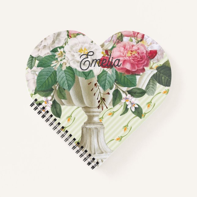 Monogram retro flower pot cute sweet green stripes notebook (Front)