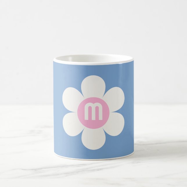 Monogram Retro Flower Power Daisy pink & blue Coffee Mug (Center)