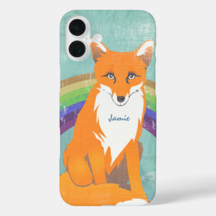 Monogram Retro Fox Art Aqua Orange Retro iPhone 16 Plus Case