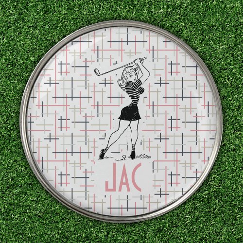 Monogram Retro Girl Pink Pattern Stylish Custom Golf Ball Marker