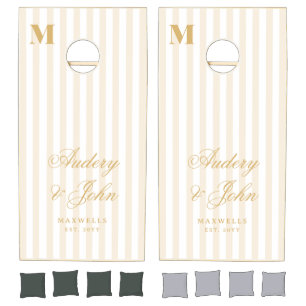 Monogram Retro Gold White Stripes Script Wedding Cornhole Set