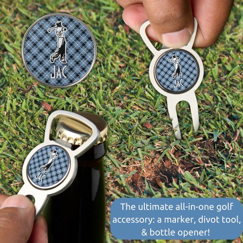 Monogram Retro Golfer Blue Plaid Custom Divot Tool