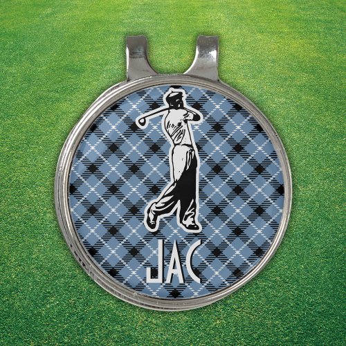 Monogram Retro Golfer Blue Plaid Custom Golf Hat Clip