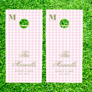 Monogram Retro Green Pink Gingham Script Wedding Cornhole Set