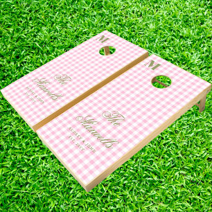 Monogram Retro Green Pink Gingham Script Wedding Cornhole Set