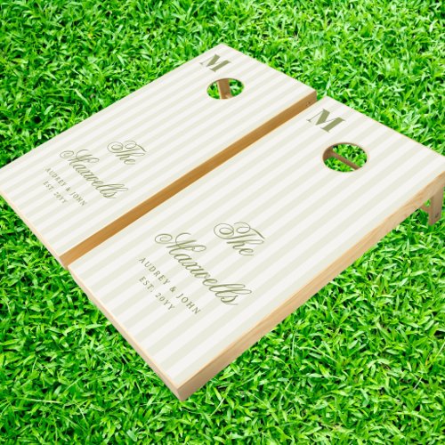 Monogram  Retro Green Stripes Script Wedding Cornhole Set