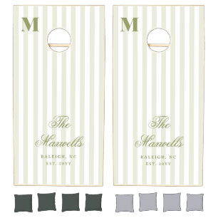 Monogram  Retro Green White Stripes Script Wedding Cornhole Set