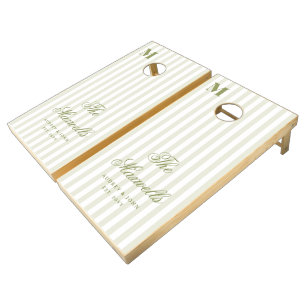 Monogram  Retro Green White Stripes Script Wedding Cornhole Set