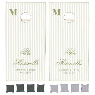 Monogram Retro Green White Stripes Script Wedding Cornhole Set