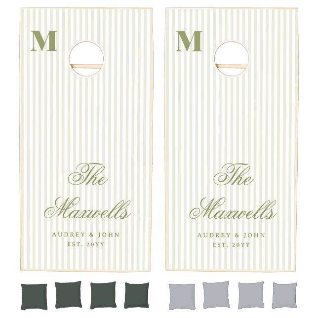 Monogram  Retro Green White Stripes Script Wedding Cornhole Set (Set)