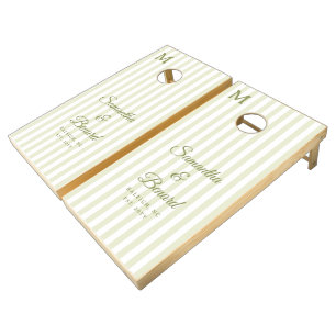 Monogram Retro Green White Stripes Script Wedding Cornhole Set
