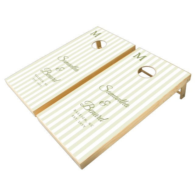 Monogram  Retro Green White Stripes Script Wedding Cornhole Set (Angled)