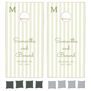 Monogram  Retro Green White Stripes Script Wedding Cornhole Set