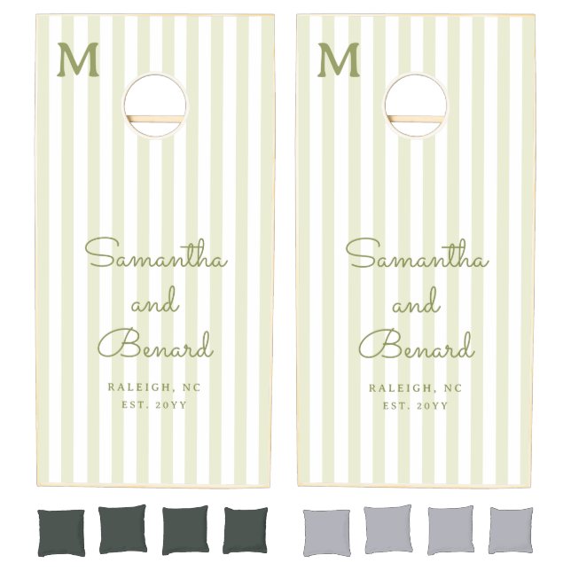 Monogram  Retro Green White Stripes Script Wedding Cornhole Set (Set)