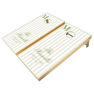 Monogram Retro Green White Stripes Script Wedding Cornhole Set