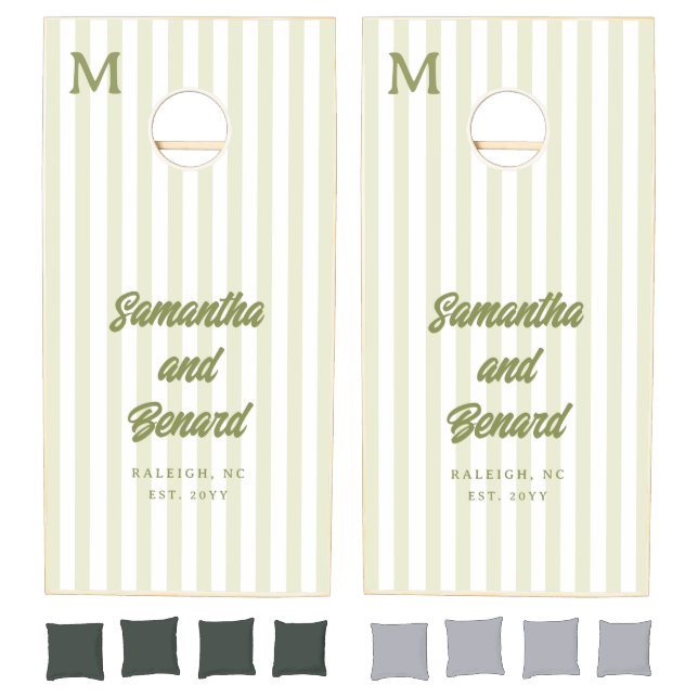 Monogram  Retro Green White Stripes Script Wedding Cornhole Set (Set)
