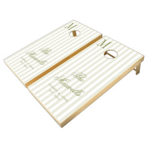 Monogram Retro Green White Stripes Script Wedding Cornhole Set