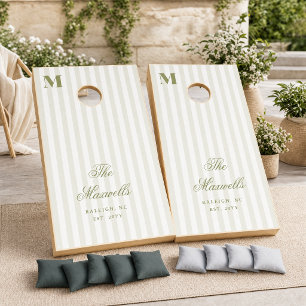 Monogram  Retro Green White Stripes Script Wedding Cornhole Set