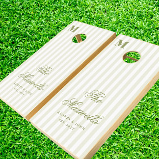 Monogram Retro Green White Stripes Script Wedding Cornhole Set